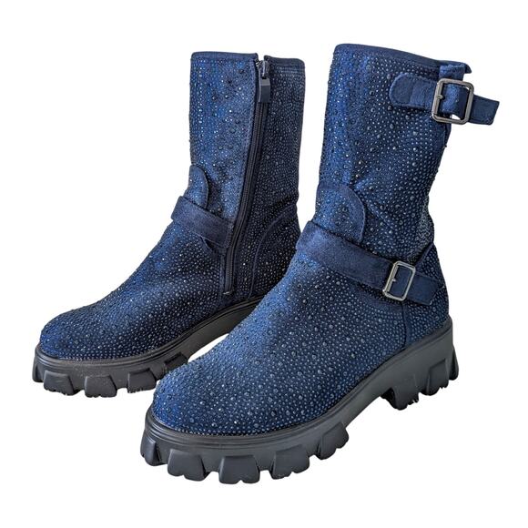 Atalina Lexi Boot Dark Blue Crystal Sparkle Buckle size 8.5 - Picture 1 of 7
